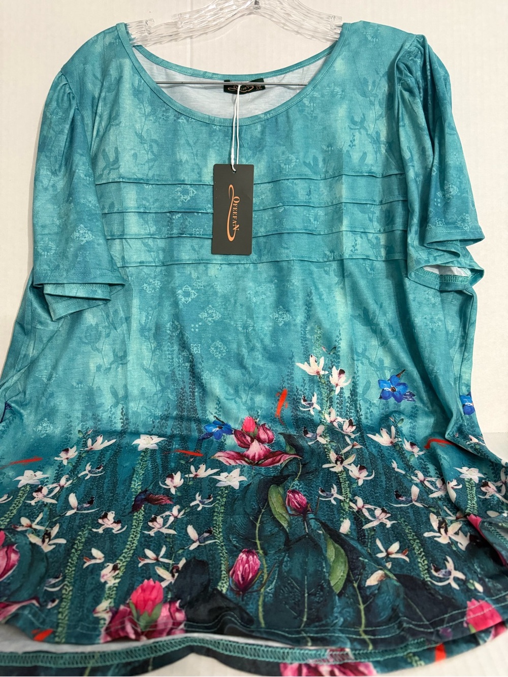 Ofeefan Teal Floral Pintuck Scoop Neck Blouse